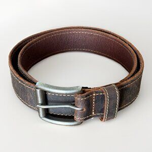 Buckle Men's Size 36 Brown Genuine Leather Belt White Stitching Silver Buckle